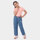 Girls' Light Blue Cargo Fit Embroidered Jeans, हल्का नीला, small