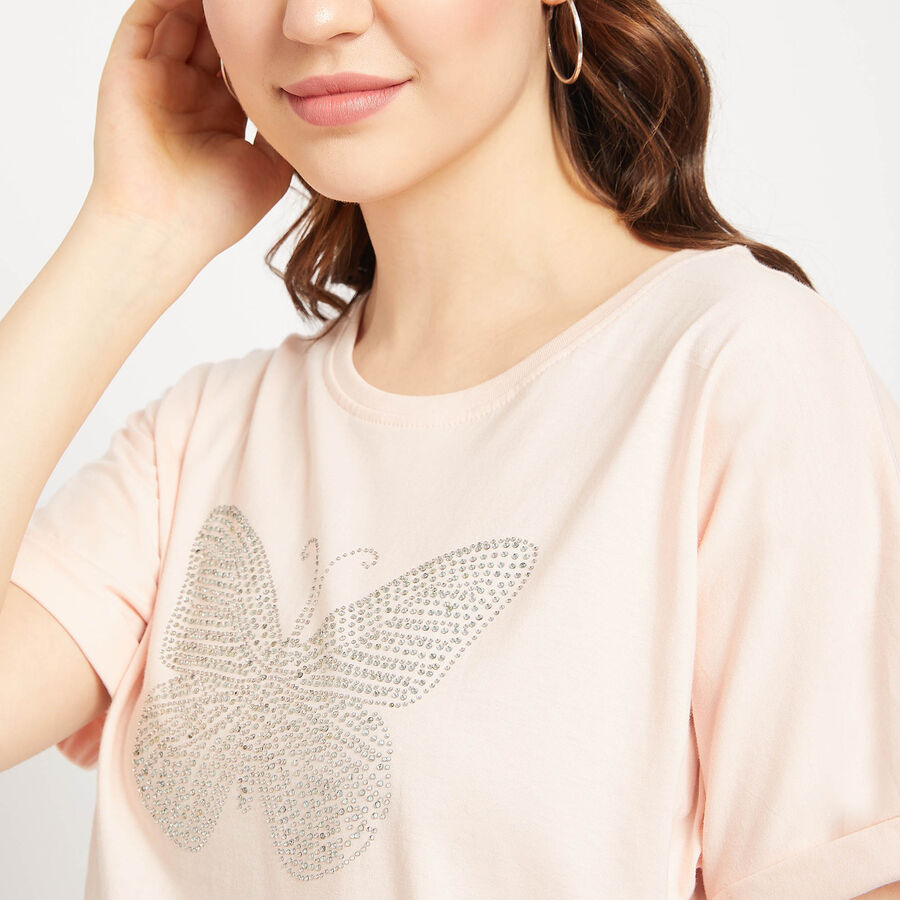 Cotton Round Neck T-Shirt, पीच, large image number null