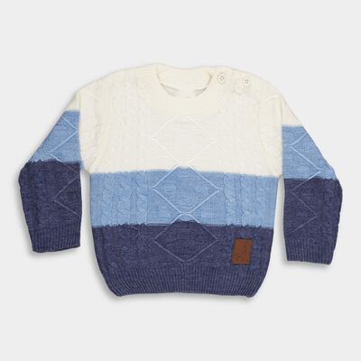 Infants Muted Blue and Ivory White Crew Neck Cable Knit Pullover