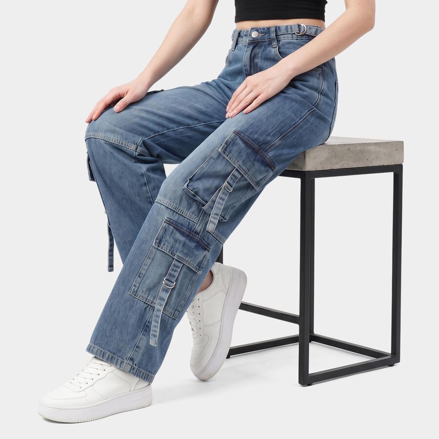 Women's Light Blue Cargo Fit Utility Pocket Jeans, Light Blue, large