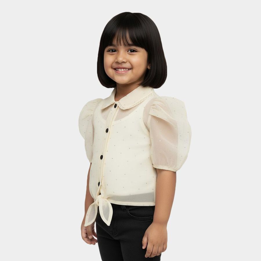 Girls Cream Collared Neck Casual T-Shirt, ऑफ व्हाइट, large