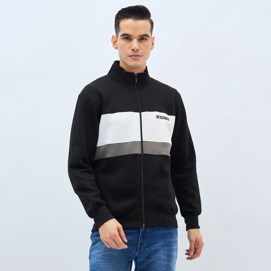 Men's Jet Black High Neck Casual Sweatshirt, काला, large image number null