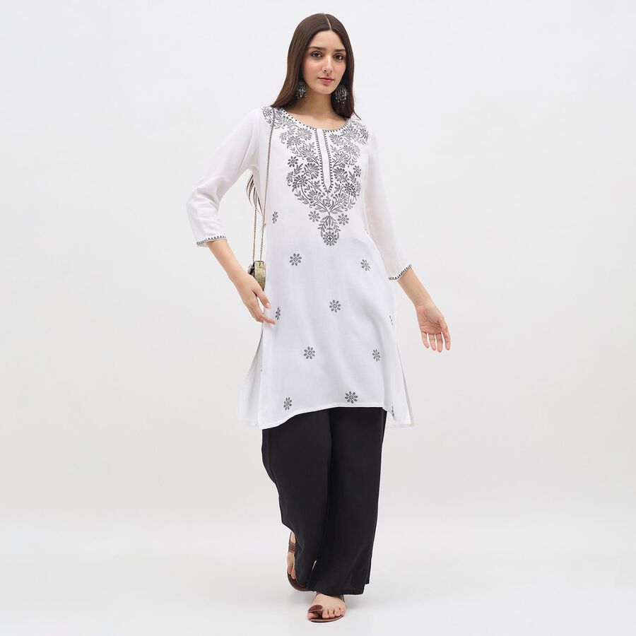 Women's White Round Neck Embroidered Kurta, ऑफ व्हाइट, large image number null