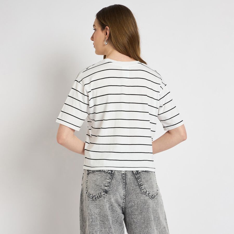 Ladies'  Stripes Round Neck T-Shirt, Off White, large