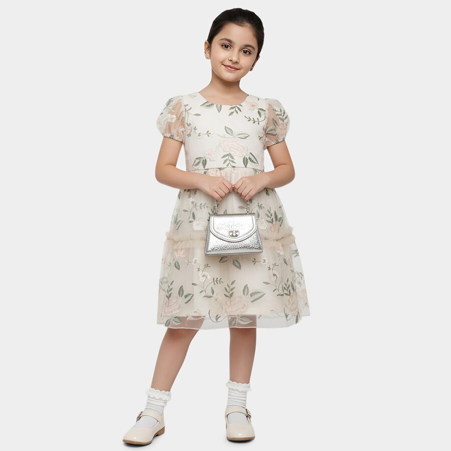 Girls' Beige Fit and Flare Lace Overlay Frock, गहरा पीला, large