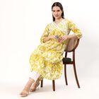 Women's Bright Mustard Yellow Cotton V-Neck Embroidered Kurta, हल्का हरा, small image number null