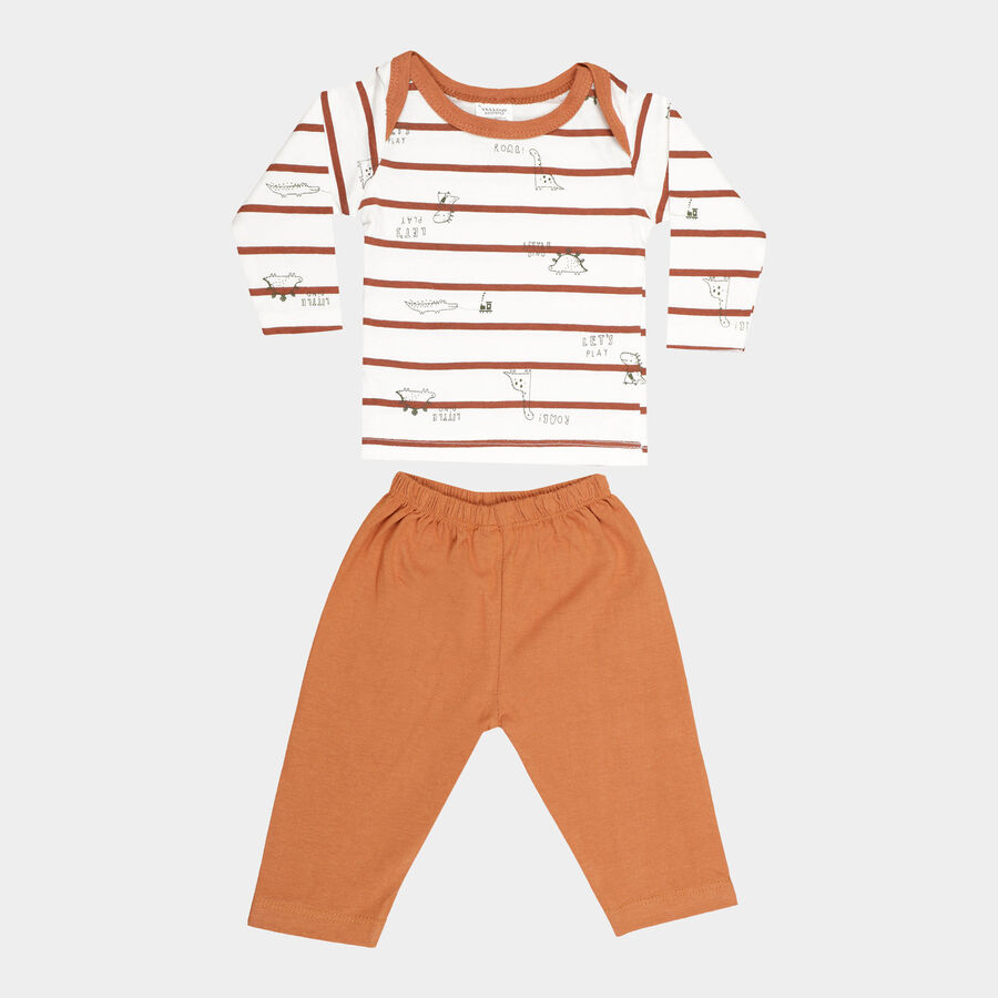 Infants Stripes Cotton Baba Suit, Brown, large image number null