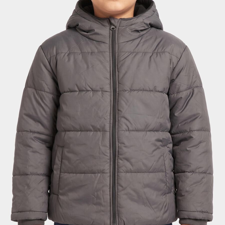 Boys Grey Hooded Puffer Jacket, Charcoal, large