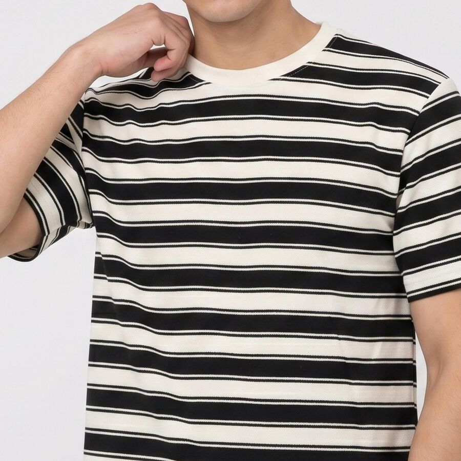 Men Black Round Neck Regular Striped T-Shirt, Black, large