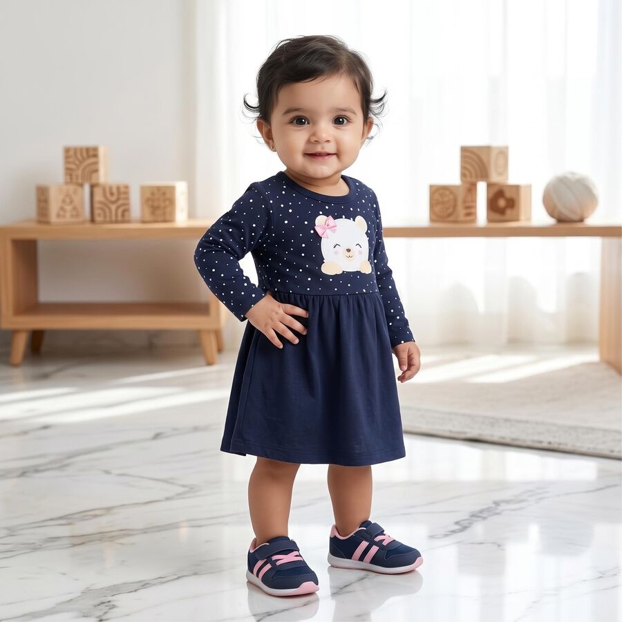 Infants' Navy Blue Fit and Flare Polka Dot Teddy Print Frock, नेवी ब्लू, large