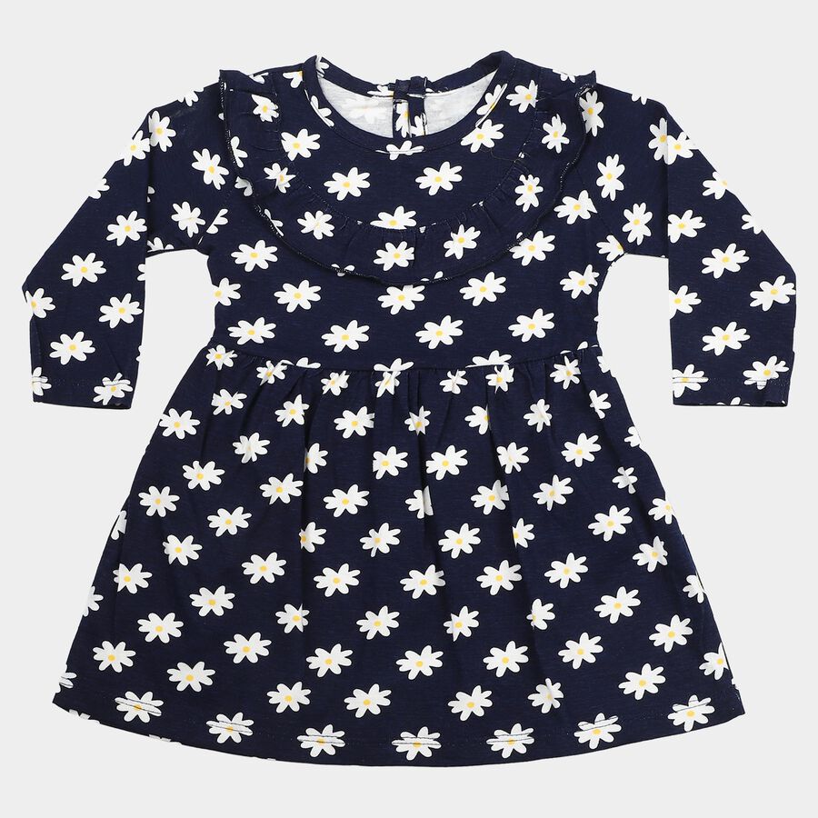 Infants' Navy Blue Floral Printed Fit and Flare Frock, नेवी ब्लू, large