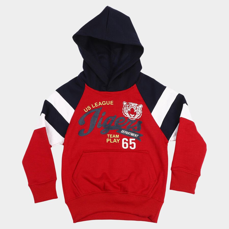 Boys' Maroon Hoodie Neck Graphic Sweatshirt, मरून, large