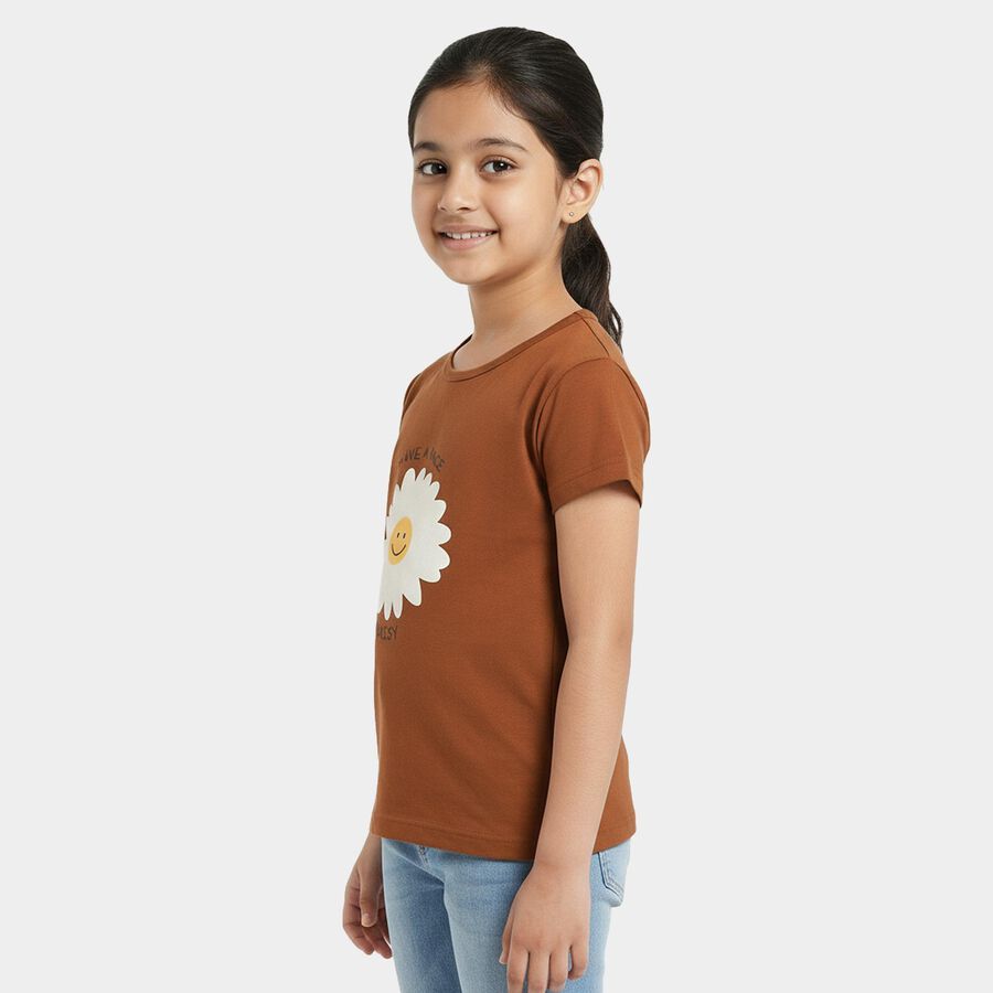 Girls Brown Cotton Blend T-Shirt, भूरा, large