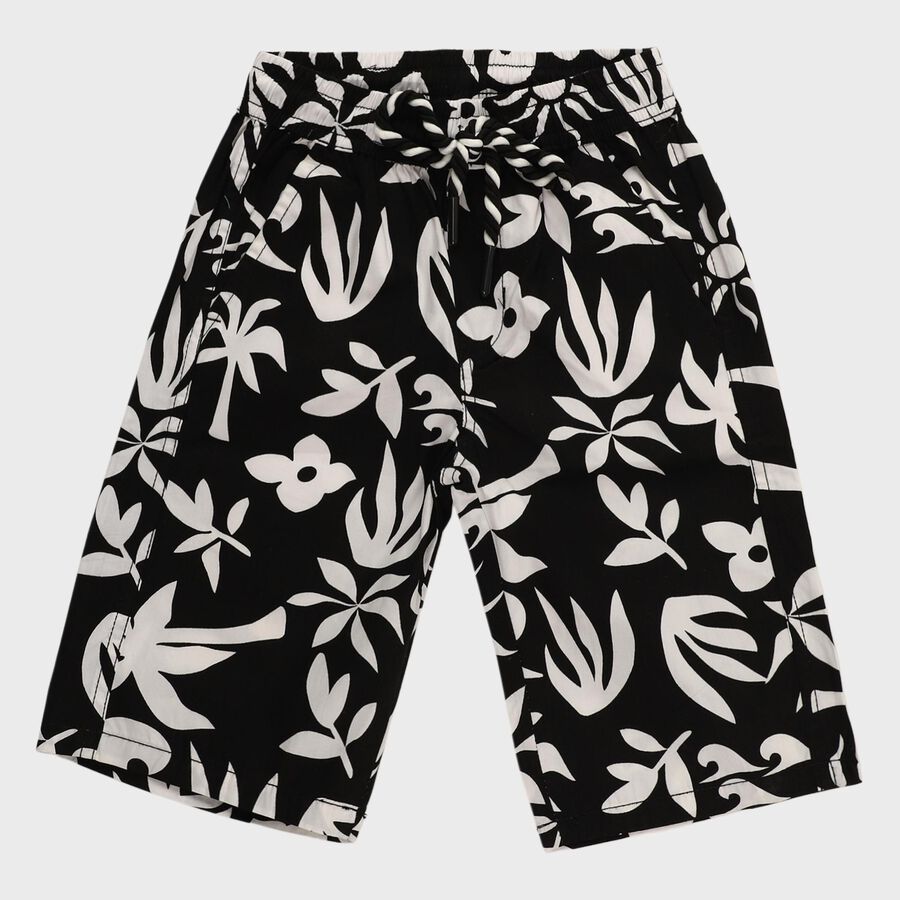 Boys' Black and White Floral Print Cotton Jamaican Shorts, Black, large