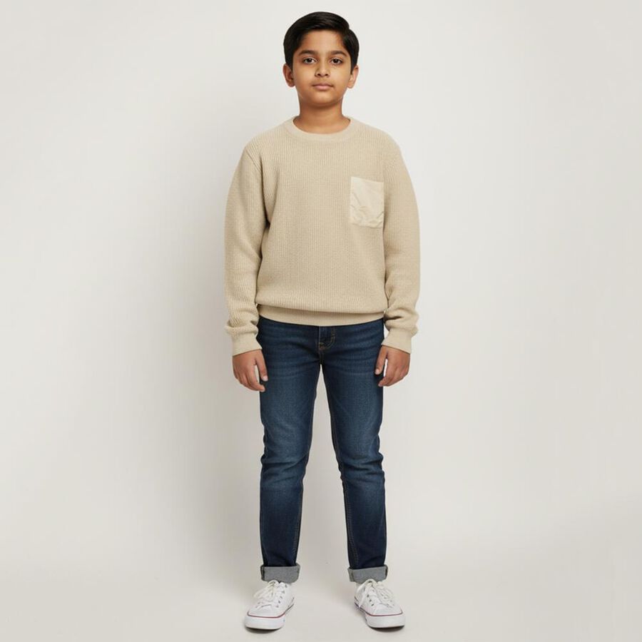 Boys Light Beige Crew Neck Casual Pullover, Beige, large image number null