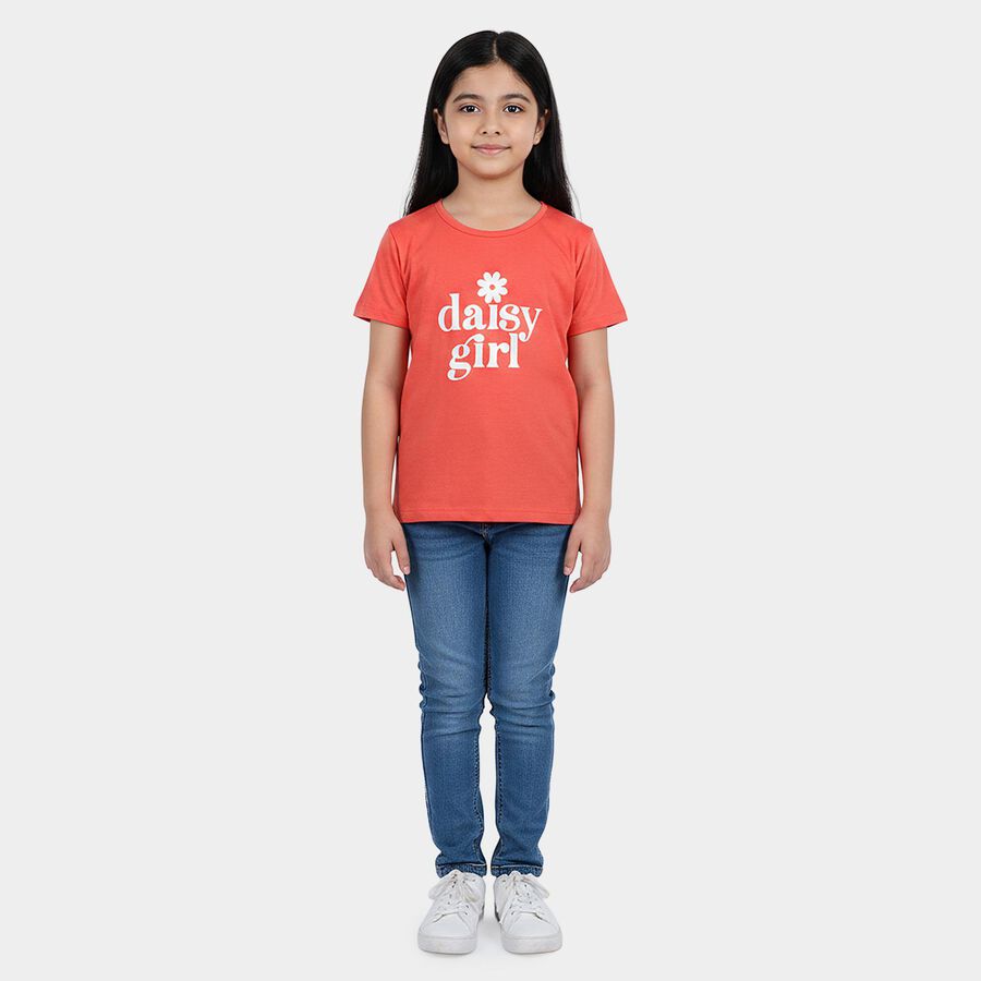 Girls' Coral Round Neck Regular T-Shirt, मूँगा (कोरल), large