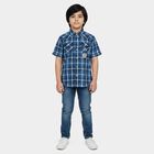 Boys Navy Blue Cotton Half Sleeves Spread Collar Western Casual Shirt, Navy Blue, small