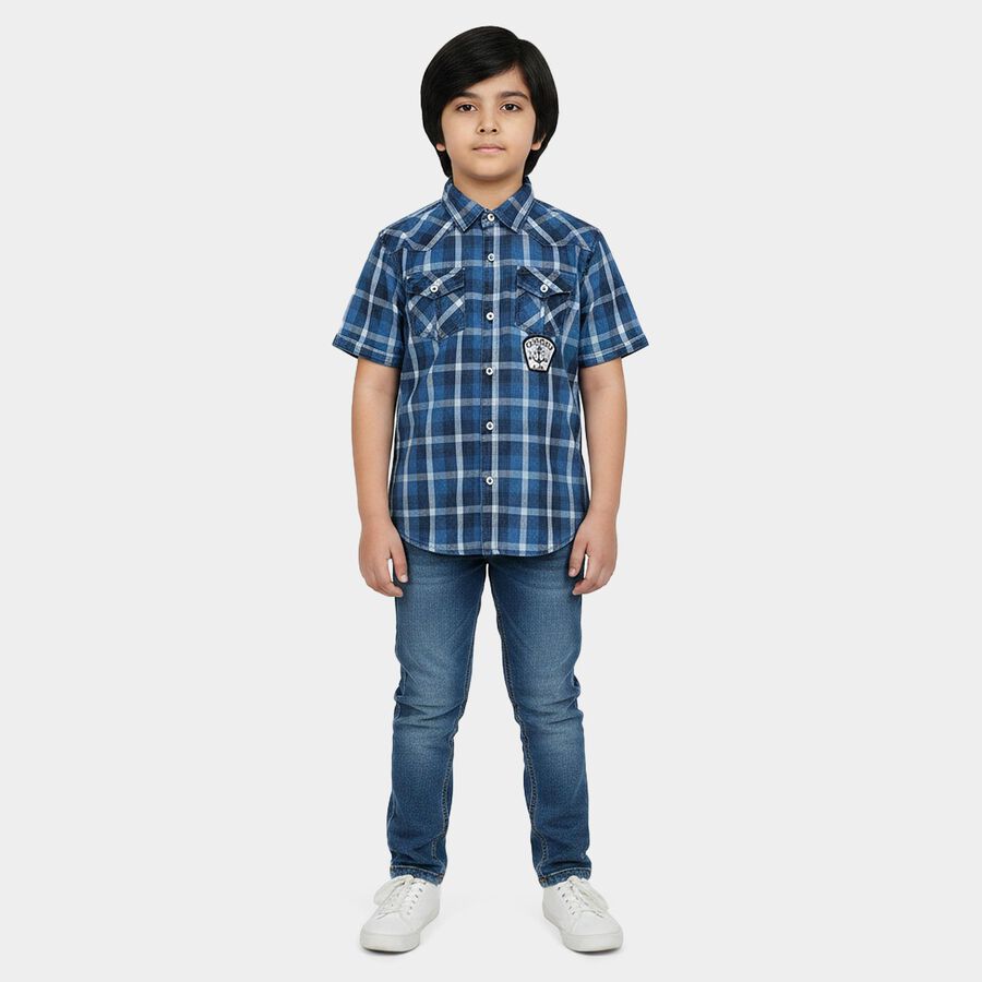 Boys Navy Blue Cotton Half Sleeves Spread Collar Western Casual Shirt, Navy Blue, large