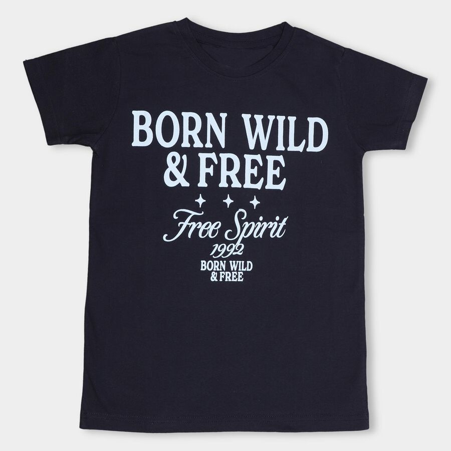 Boys' Deep Midnight Navy Blue Round Neck Printed T-Shirt, Navy Blue, large