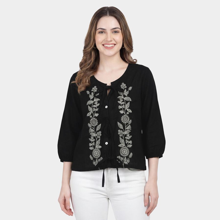 Women's Black 100% Cotton Notch Neck Printed Kurti, Black, large