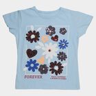 Girls' Blue Cotton Round Neck Casual T-Shirt, रॉयल ब्लू, small