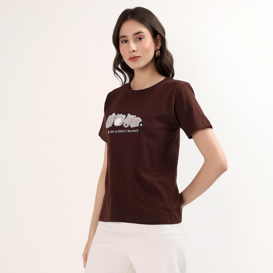 Women's Brown Round Neck Casual T-Shirt, Brown, large
