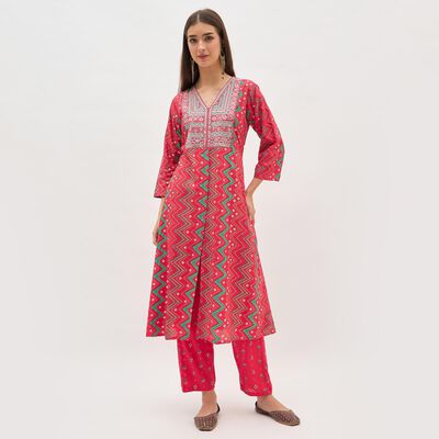 Women's Bright Crimson Red Embroidered Ethnic Set