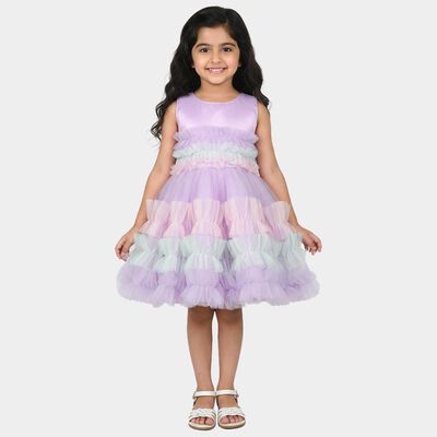 Girls' Lavender Fit and Flare Tiered Ruffle Party Wear Frock