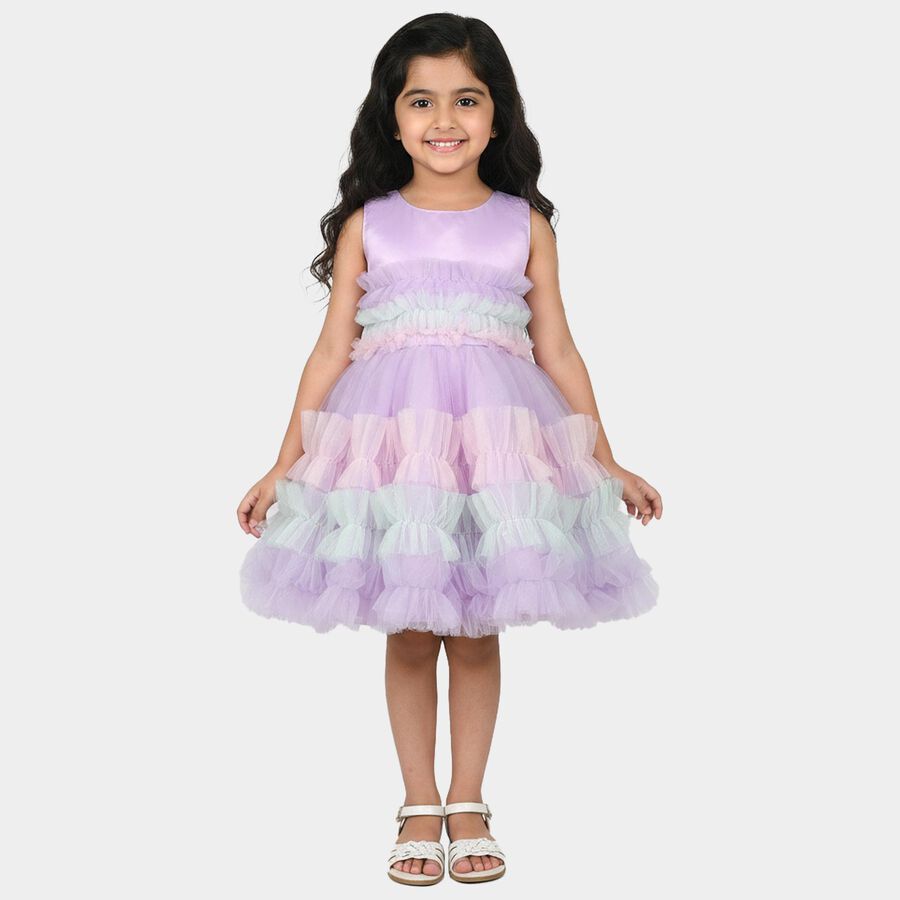 Girls' Lavender Fit and Flare Tiered Ruffle Party Wear Frock, Lilac, large
