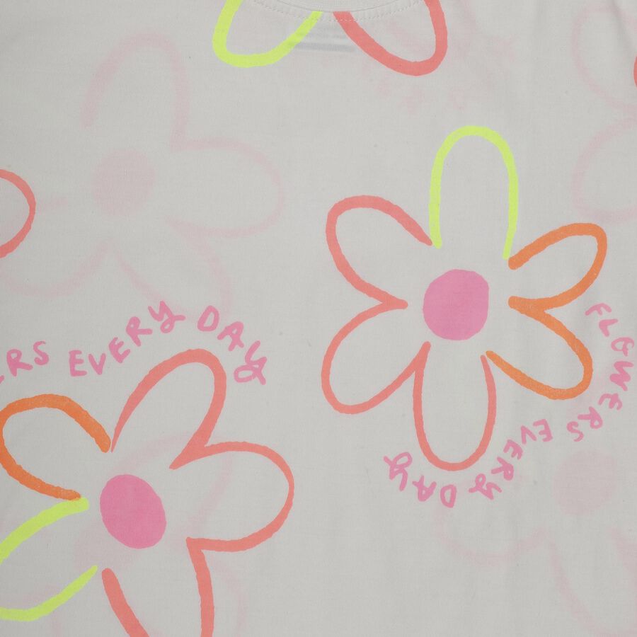 Girls White Cotton Round Neck Casual T-Shirt, White, large