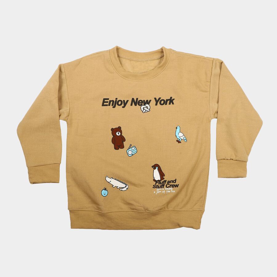 Boys Beige Crew Neck Graphic Print Sweatshirt, Beige, large