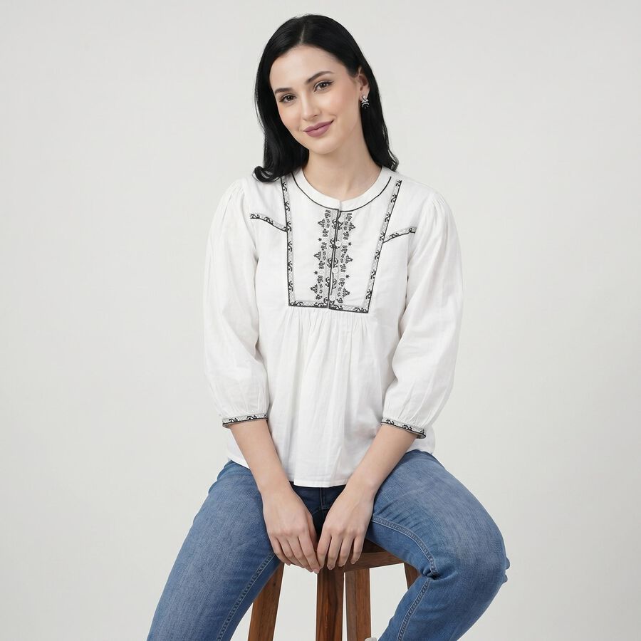 Women's White Cotton Round Neck Embroidered Top, सफ़ेद, large