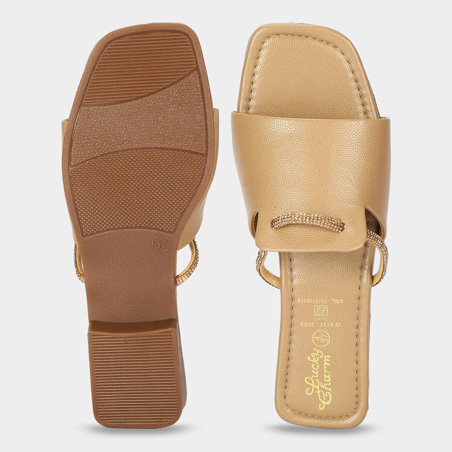 Women's Beige Embellished Slip-On Slide Sandals, Beige, large
