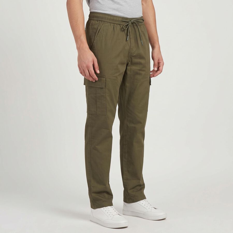 Men's Olive Green Slim Fit Cargo Trousers, Olive, large