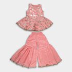 Girls' Bright Coral Pink Embroidered Sleeveless Top and Sharara Fusion Set, Light Pink, small image number null