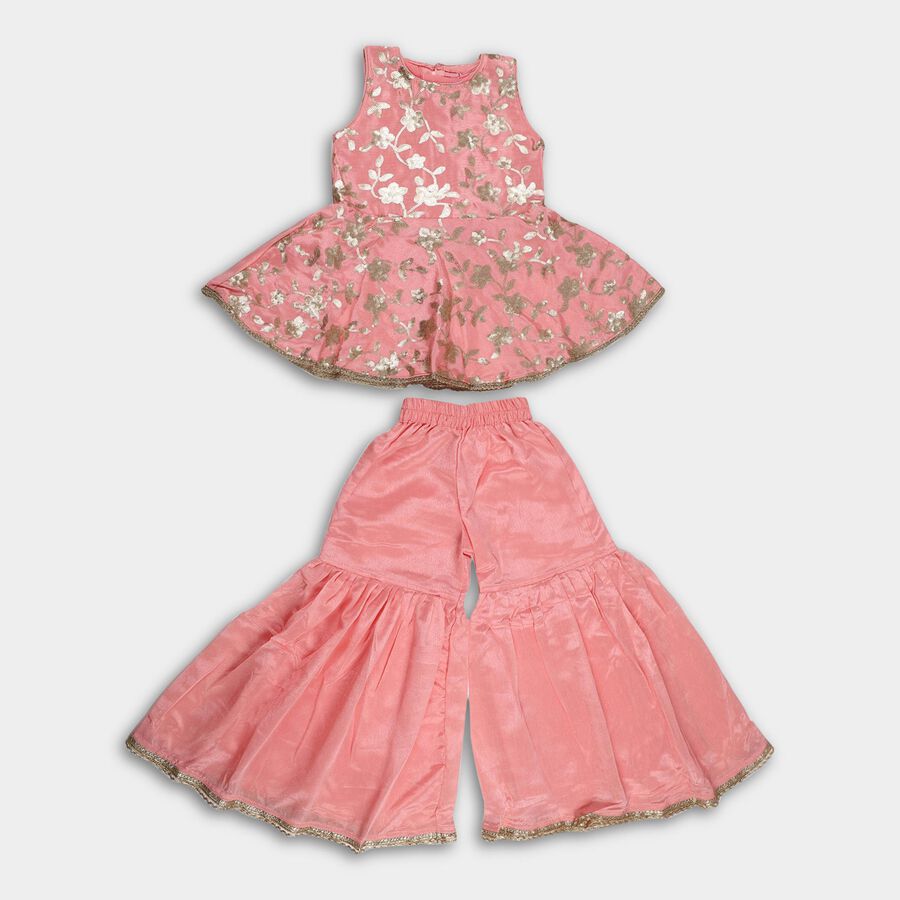 Girls' Bright Coral Pink Embroidered Sleeveless Top and Sharara Fusion Set, Light Pink, large image number null