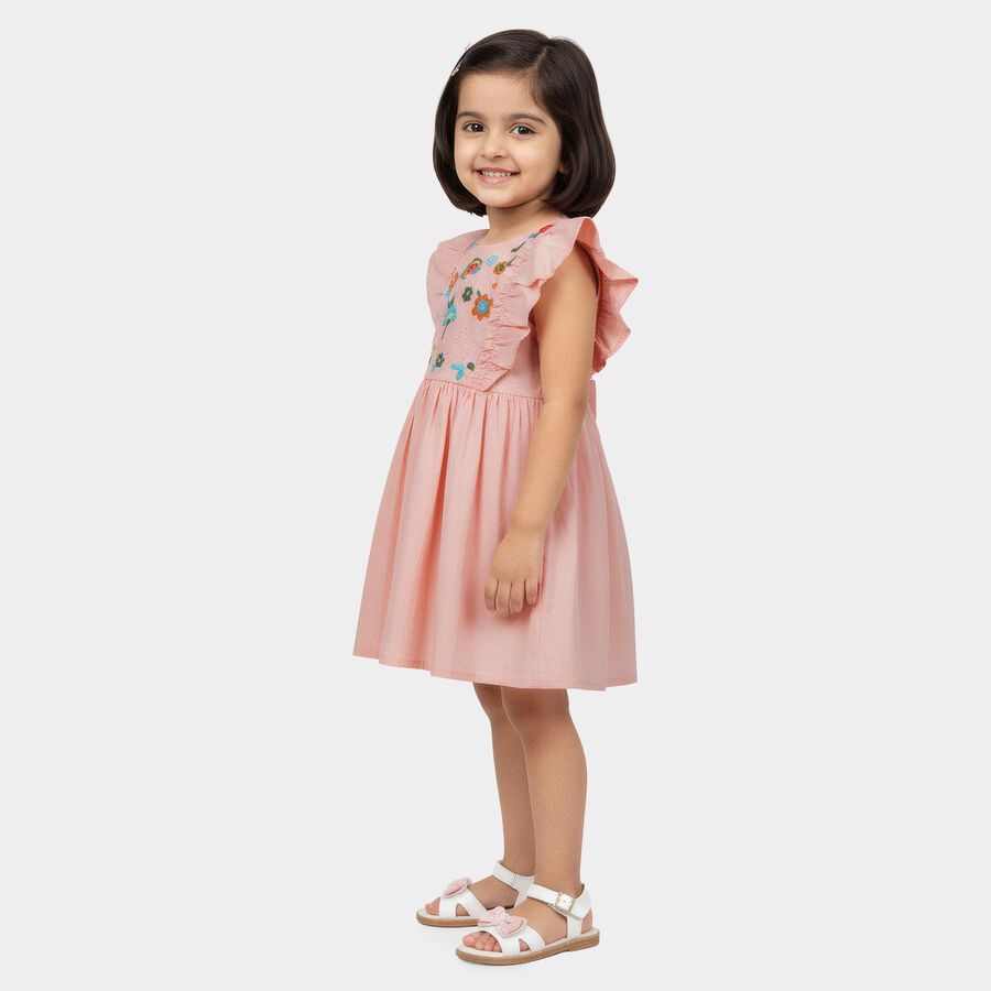 Girls' Peach Cotton Embroidered Ruffle Sleeve Frock, पीच, large