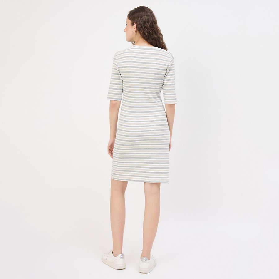 Women's Muted Beige Round Neck Metallic Dress, Beige, large