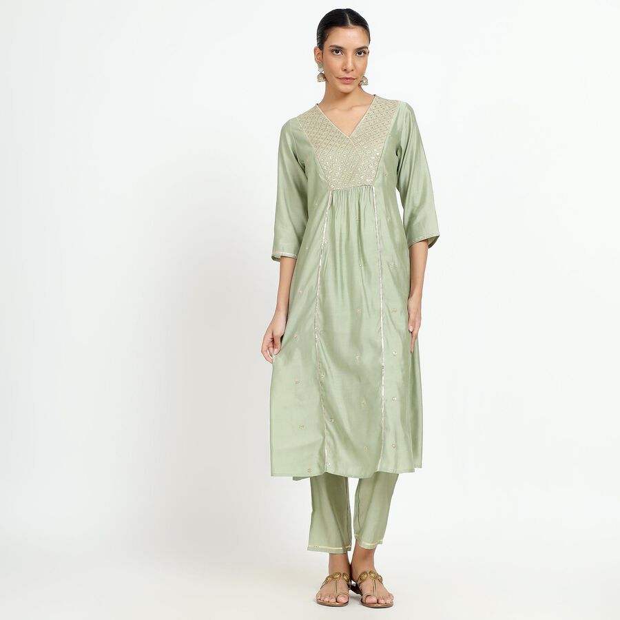 Women's Light Sage Green V-Neck Embroidered Kurta, हल्का हरा, large image number null