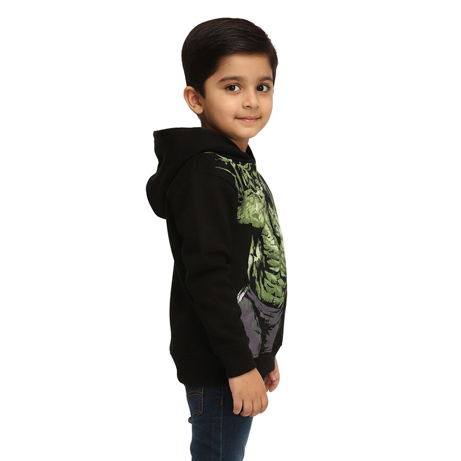 Boys Jet Black Hooded Neck Graphic Sweatshirt, काला, large image number null
