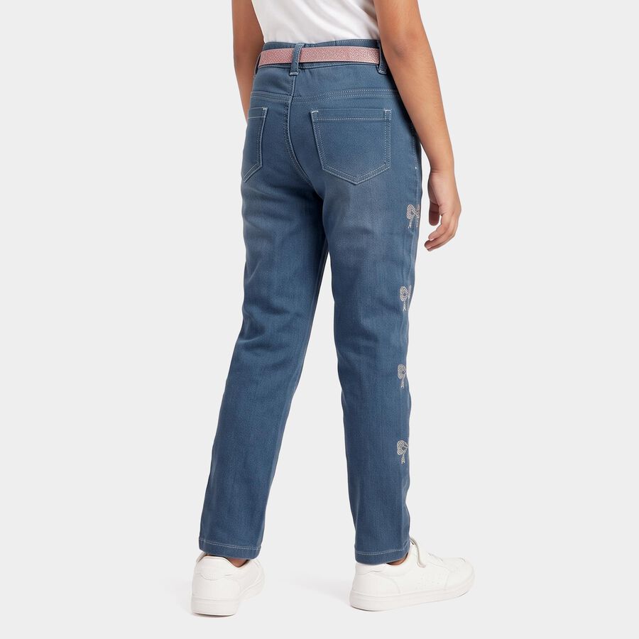 Girls' Light Blue Straight Fit Bow Jeans, हल्का नीला, large