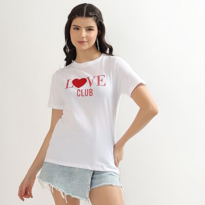 Women's Bright White Round Neck Casual T-Shirt