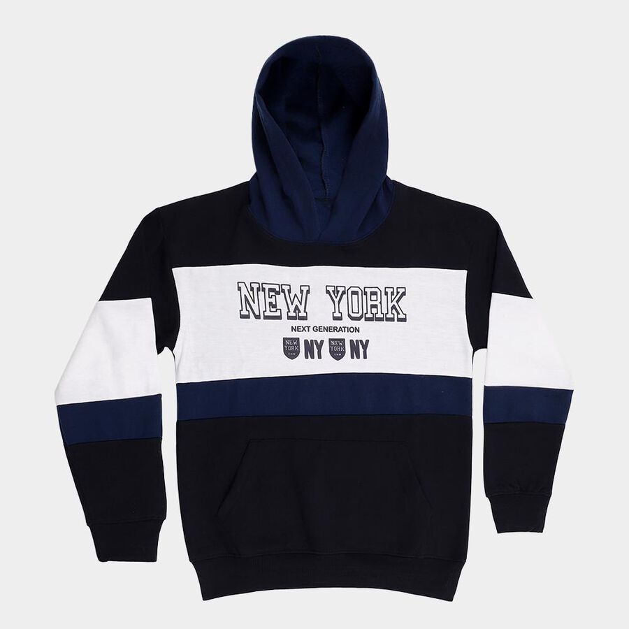 Boys Navy Blue Hooded Graphic Sweatshirt, नेवी ब्लू, large image number null