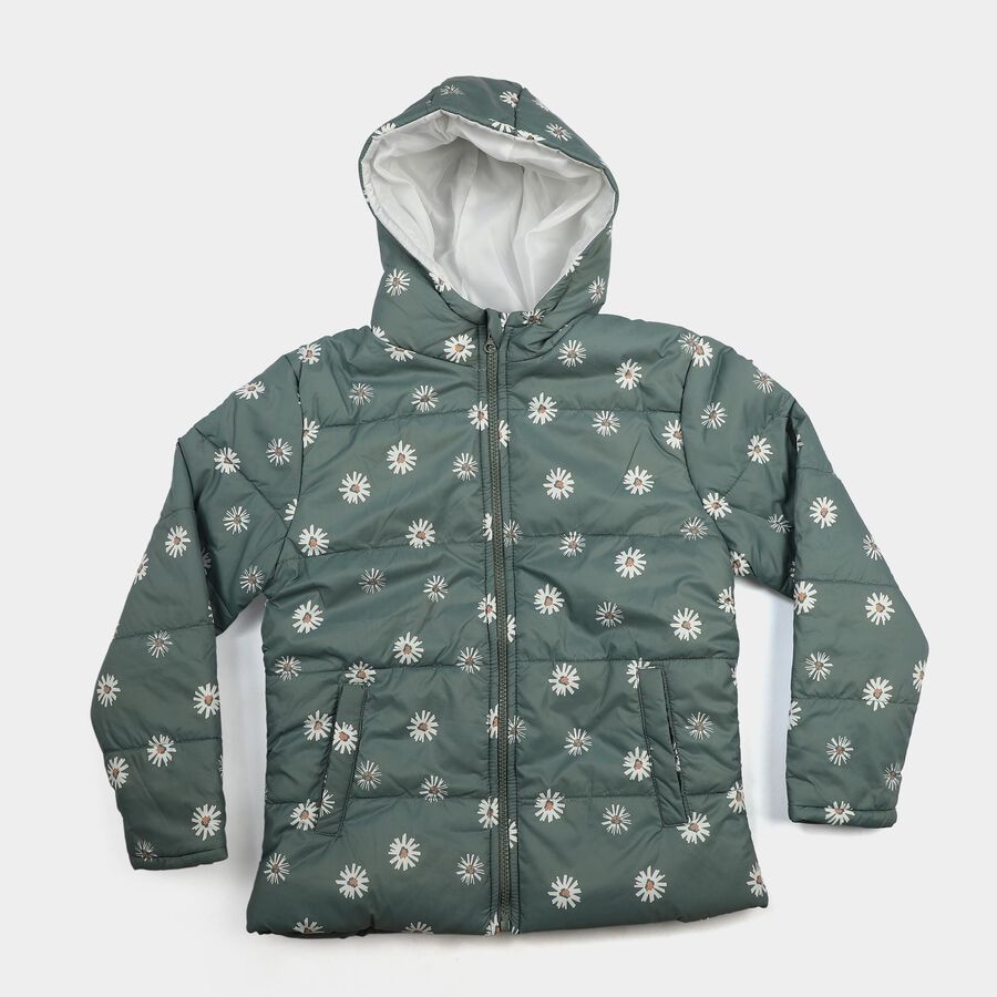 Girls' Olive Green Hooded Puffer Jacket, Olive, large