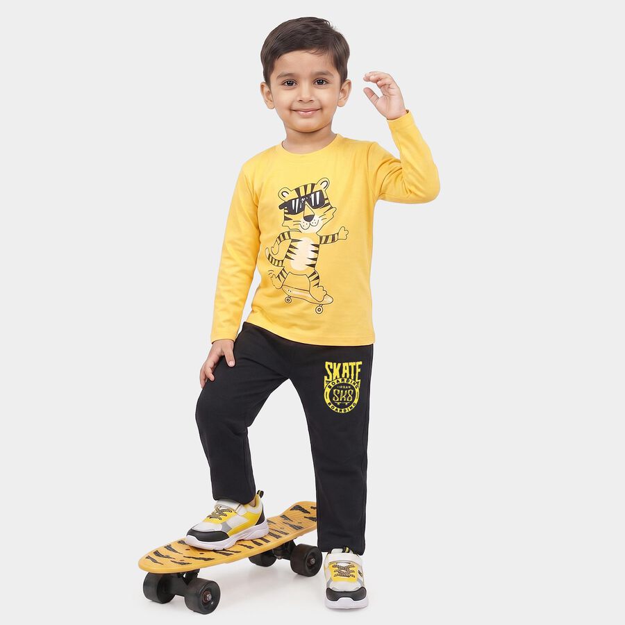 Boys Yellow Round Neck Graphic Print Baba Suit, Yellow, large