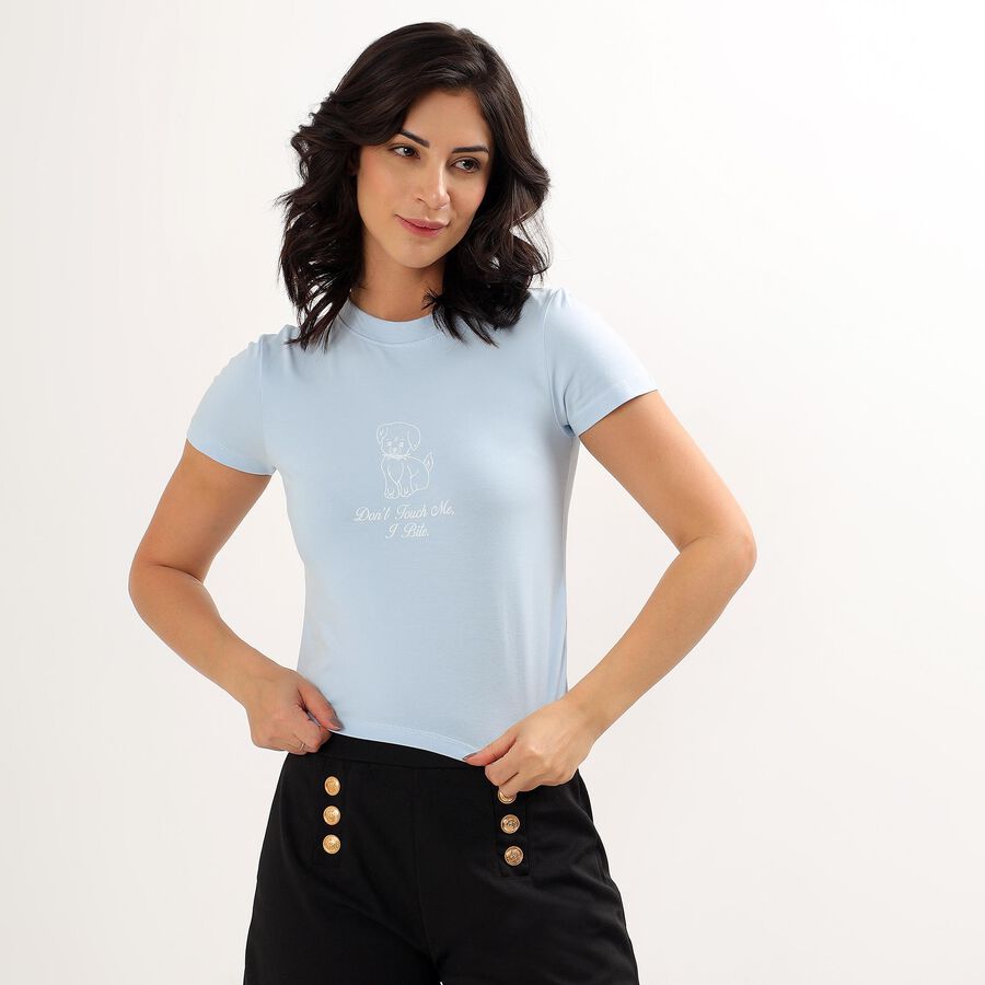 Women's Light Blue Round Neck Crop Top, हल्का नीला, large image number null