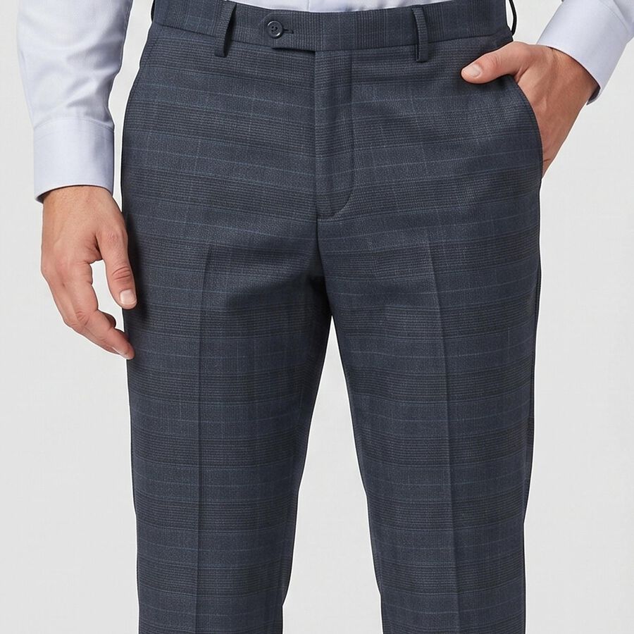 Men's Navy Blue Slim Fit Checked Formal Trousers, नेवी ब्लू, large