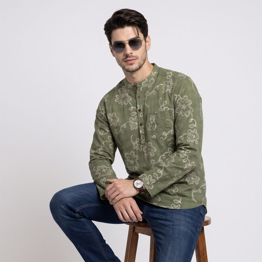 Men's Olive Green Cotton Mandarin Collar Floral Printed Kurta, ओलिव, large