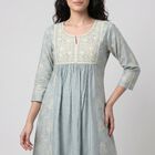 Women's Aqua Notch Neck Embroidered Kurta, एक्वा, small
