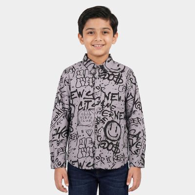 Boys Grey Cotton Long Sleeve Collar Regular Fit Shirt